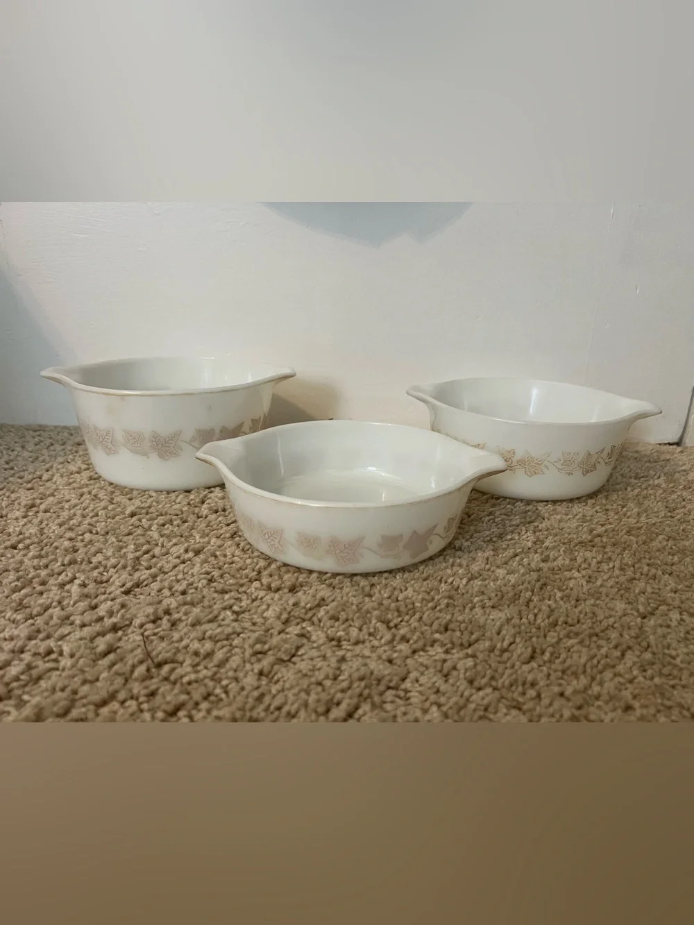 Pyrex Sandalwood Ivy Leaf Casserole Dish Set Of 3 1pt 1.5pt And 1qt Vintage